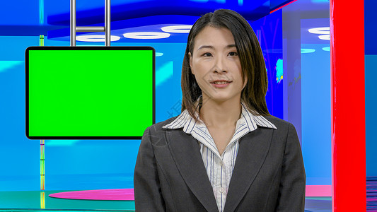虚拟电视演播室的亚洲女新闻主播女士广播监视器工作室绿色女性屏幕播音员记者播送亚裔背景图片