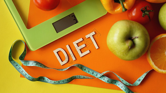 体秤健康食物 厨房重量表 蔬菜和水果 植物和水果橙子数字平衡营养萝卜剂量测量损失公克香蕉背景