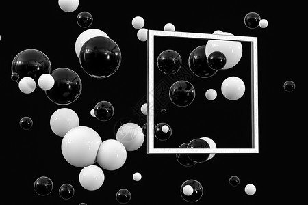 3D铸造 黑白球和中间有框的黑白球创造力几何学圆圈3d专辑艺术舞蹈海报框架想像力背景图片
