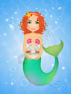 卡通美人鱼贝壳以贝壳和珍珠做美人插图尾巴女性红发海洋女士海星女孩背景