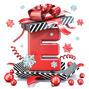 圣诞电子邀请函3D开放礼品箱内红色字母E背景
