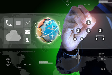 立体世界地图聪明的手用 arro 展示地球电脑插图曲线圆圈阴影黄色全球运动技术水晶背景