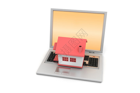 交递房子笔记本电脑上的房子模型房地产监视器全球广告销售抵押屏幕商业键盘电子邮件背景