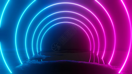 粉色插图黑暗背景上发光的霓虹灯圈激光反射安装蓝色地面照明墙纸网络门户网站光谱背景