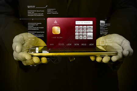 用智能电话显示智能卡的商家男子银行业金融白色互联网创新网络消费者帐户手机信用背景图片