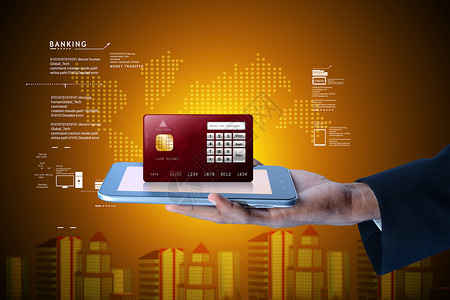 用智能电话显示智能卡的商家男子卡片白色手机银行创新信用用户数据互联网金融背景图片
