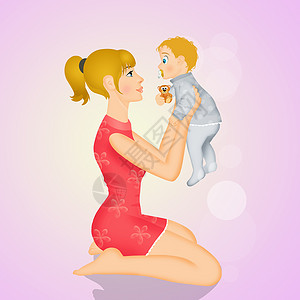 快乐的母亲与儿子插图孩子女士婴儿拥抱女孩妈妈庆典明信片奶嘴背景图片