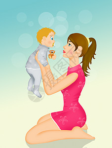 带孩子的妈妈插图婴儿儿子庆典明信片女孩快乐女士拥抱奶嘴背景图片