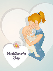 快乐母亲日明信片婴儿插图女孩孩子拥抱儿子庆典奶嘴妈妈背景图片