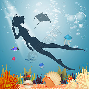 轮廓潜水女孩在海床游泳时戴面罩和潜水海洋插图海滩天性呼吸管面具蝠鲼女士假期闲暇背景
