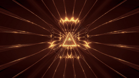 带有反射背景壁纸3d插图的金色闪亮幻想三角铁丝框设计辉光金子隧道渲染反光运动三角形背景图片