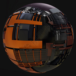 黑色几何球体抽象硬表面科幻技术球体空间站金属建筑学多边形飞船渲染飞碟行星矩阵细胞背景