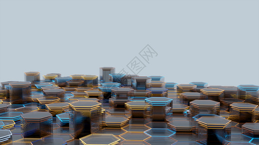 转换线插画六角形抽象玻璃背景  3D插画网络科学水晶酒吧插图医疗公司渲染艺术蓝色背景