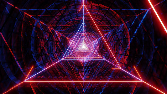 抽象 glowig 线框三角形设计与深色抽象背景 3d 插图 wallpape运动反光艺术品反射隧道艺术渲染橙子红色蓝色背景图片
