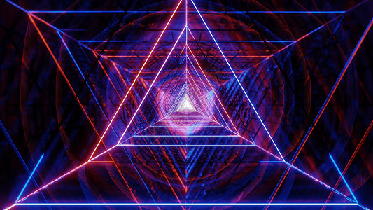 抽象 glowig 线框三角形设计与深色抽象背景 3d 插图 wallpape辉光隧道艺术反光红色蓝色反射橙子渲染运动背景图片