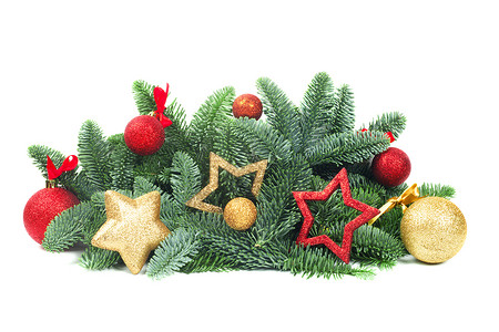 圣诞树和小玩意儿在惠特奢华丝带玩具庆典装饰品作品云杉风格星星金子背景图片