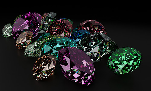 钻石颜色在黑暗背景上堆着多彩的钻石礼物宝石插图奢华水晶火花反射阴影蓝色石头背景