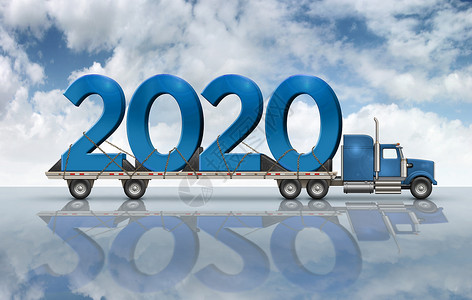 新年卡车2020年蓝色数字 在一辆平板卡车上 - 3D 插图背景