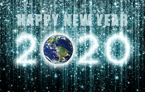 新年标题2020 年新年快乐 - 地球和星星 - 3D 插图背景