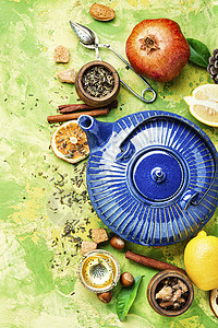茶加柠檬花草厨具香气水果制品绿茶桌子肉桂茶壶茶器高清图片