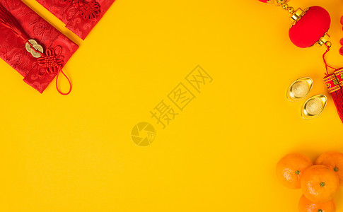 年節中华新年节的概念 平坦的天观风格桌子传统假期农历繁荣装饰水果信封庆典背景
