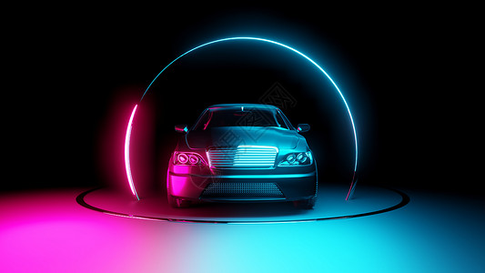 有霓虹灯圈子框架的汽车蓝色漩涡激光派对墙纸活力辉光地球曲线技术背景图片