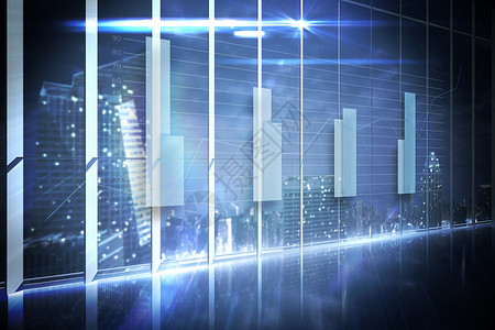 俯瞰城市的办公室全息图界面摩天大楼职场图表未来派房间计算窗户计算机绘图数据背景图片