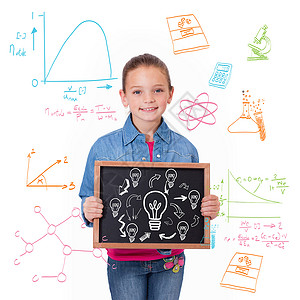 手绘数学背景思想和创新图形综合图象的合成图像女孩微笑学校女性绘图计算机学习黑板方程灯泡背景