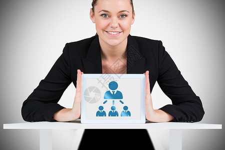 ppt组织架构显示平板电脑pc的女商务人士综合图像人士女士女性套装插图组织商业微笑绘图社区背景