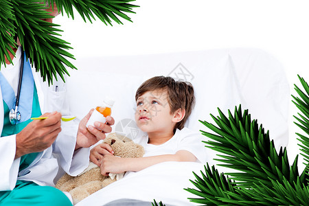 医院规定展板快乐的小男孩吃咳嗽药护士茶匙计算机药品液体勺子男性疾病玩具食物背景