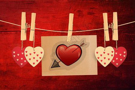 心脏与箭形复合图像木板浪漫清洗木桩绳索木头情人卡片董事会背景图片