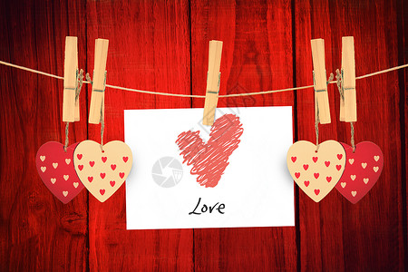 爱心的复合形象木桩木头绳索手绘董事会清洗木板浪漫情人背景图片