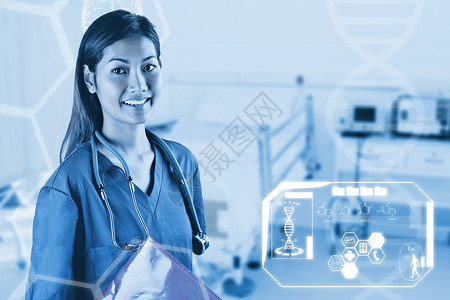 以听诊器看镜头的亚洲护士综合图象实习生相机药品保健商业女性工作康复电脑快乐背景图片