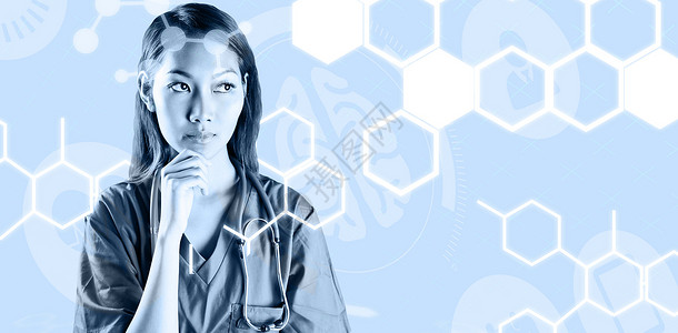以手在下巴上思考的亚洲护士综合形象卫生蓝色化工移动滚动保健药品女性实习生计算背景图片