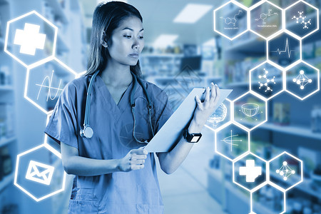 以听诊器看镜头的亚洲护士综合图象快乐女性蓝色技术卫生化学科学报告阅读化工背景图片