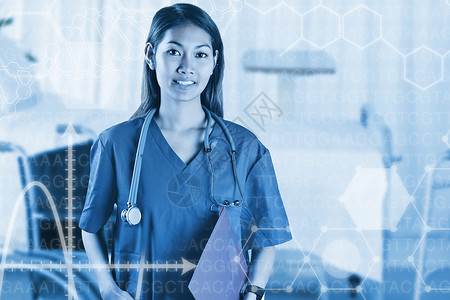 以听诊器看镜头的亚洲护士综合图象实习生蓝色保健医生技术滚动药品女士商业职业背景图片