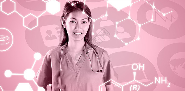 以听诊器看镜头的亚洲护士综合图象数据商业工作女性计算卫生化工科学图表相机背景图片