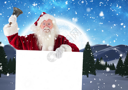 圣诞标牌Santa Claus在拿着标牌3D时按铃森林海报枞树假期横幅雪花天空魔法树木戒指背景