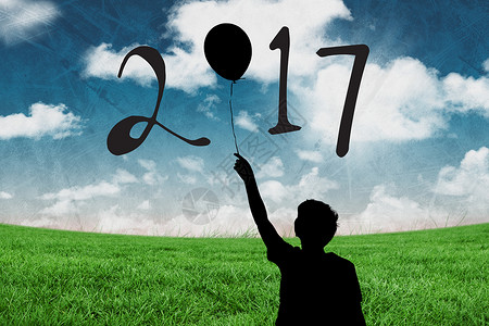 三色气球图形男孩拿着气球形成 2017 年新年 sig 的剪影蓝色教育天空插图阳光数学图形乐趣休闲数字背景