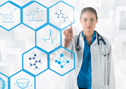 医生在白色背景下触摸数字生成的医学圣像六边形电脑技术计算医疗立方体服务图形职业科学背景图片