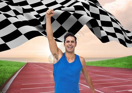赛车旗阿图莱特庆祝她的胜利 比赛赛道上挂着格斗旗领导终点天空草地旗帜跑步成就运动员玩家锦标赛背景