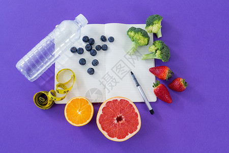 水瓶 计量胶带 各种水果 蔬菜 开书和笔卷尺笔记本触摸屏柠檬营养笔记沟通柚子保健背景背景图片