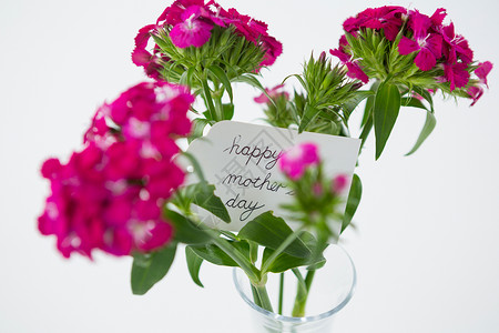 玻璃花瓶粉色花一群粉红玫瑰花瓶里挂着快乐的母亲日标牌庆典愿望手机礼物娱乐节日沟通奢华闲暇玻璃背景