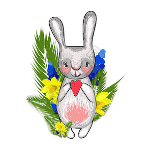 边框素材兔子复活节兔子与春天的花朵 春季横幅和海报的设计元素 孤立在白色背景上叶子小动物花卉草地假期问候植物手绘刻字墙纸背景