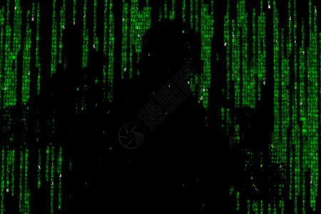 绿色数字数据中的人的轮廓 黑客的象征科学钓鱼兜帽男人女士犯罪男性安全骇客身份背景
