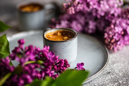 咖啡和木菜花花豆子问候语框架植物群季节植物饮料早餐杯子桌子背景图片