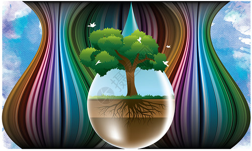 珍惜用水全屏海报在抽象背景上节约用水和树木叶子环境三角形海报彩虹卡通片时间收藏星星夫妻背景