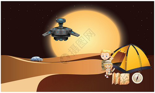 孩子们在沙漠里玩寻宝游戏卫星想像力科学隐藏孩子星系火箭星星插图冒险背景图片