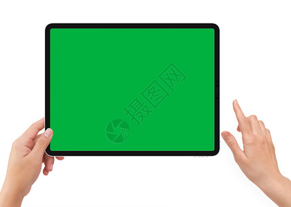 孤立的左手握着黑色石板和绿屏技术白色药片手指推介会屏幕演示邮政电影商业背景