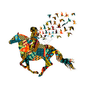 骑鸟一个女人骑着鸟的多彩民族图案背景